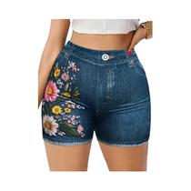Shorts jeans elásticos femininos com estampa floral design casual versátil estilo verão