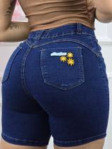 Shorts Jeans Feminino Bermuda Meia Coxa Cintura Alta Elastano Lycra Levanta Empina Bumbum Cós Alto