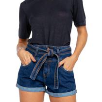 Shorts Jeans Feminino Cintura Alta Com Cinto Para Amarrar Moda Verão