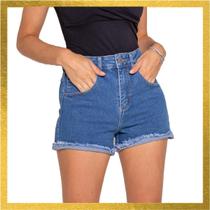 Shorts Jeans Feminino Cintura Alta com Elastano e barra com dobra desfiada