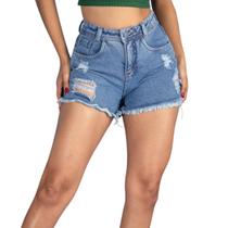 Shorts jeans feminino cintura alta destroid com glitter