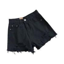 Shorts Jeans Feminino Cintura Alta Rasgado Com Franjas E Bolsos Estilo Y2K Azul - Moda Casual De