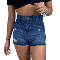 Shorts Jeans Feminino Curto Destroyed e Aplicação de Strass