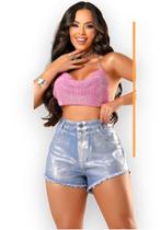 Shorts Jeans Feminino Prata Modelo Foil