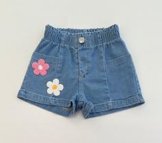 Shorts Jeans Infantil Menina Infanti Cintura Alta Flores Bordadas Moda Premium