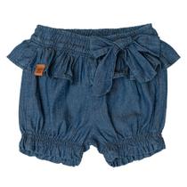 Shorts jeans laço balone barra c/babado p/g