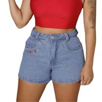 Shorts Jeans Mom Feminino Cintura Alta Bordado Modinha