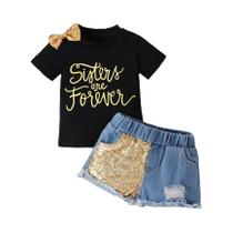 Shorts Jeans para Meninas com Estampa de Laço e Lantejoulas Pretas - Borda Dourada
