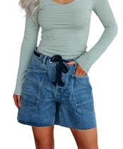 Shorts jeans Pivanzore com cordão, cintura baixa, perna larga, pernas largas, femininas Shorts jeans Pivanzore com cordão, cintura baixa, perna larga, pernas largas, femininas
