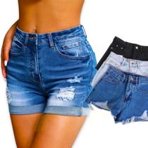 Shorts Jeans Rasgado Feminino Slim Elastano Casual 491
