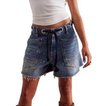Shorts jeans Yoawdats femininos folgados, bermudas, vintage, azul profundo