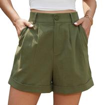 Shorts Jouica Amy Green Casual Roll Up de algodão plissado e linho