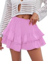 Shorts LOMON Flowy Ruffle, saia em camadas, cintura alta, crochê, rosa