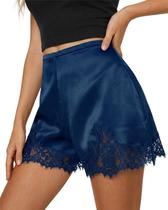 Shorts Lounge Cicy Bell femininos de seda acetinada e renda azul marinho Shorts Lounge Cicy Bell femininos de seda acetinada e renda azul marinho
