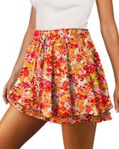 Shorts Only Puff Flowy Chiffon Ruffle Skirts Orange Floral