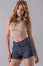 Shorts Preto Jeans Feminino Cintura Alta Barra Desfiada - Bivik Jeans Shorts Preto Jeans Feminino Cintura Alta Barra Desfiada - Bivik Jeans