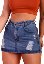 shorts saia jeans cintura alta com detalhes rasgdo sem laycra - Ninas Boutique