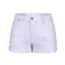 Shorts THUNDER STAR Feminino Cintura Média Rasgado em Jeans Branco