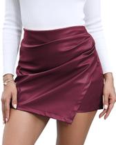Shorts trendfoll de material sintético de cintura alta para mulher, vinho tinto