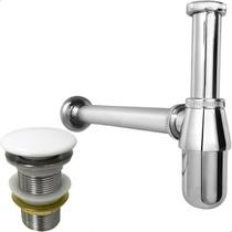 Sifão Copo Cromado Metal 1 1/4 E Válvula Click Inox 40mm Tampa Cerâmica Branca Ralo Pia Lavatório Cuba Aparente Kit Banheiro