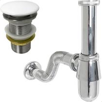 Sifão Copo Cromado Metal 1 1/4 Flexível E Válvula Click Inox 40mm Tampa Cerâmica Branca Ralo Pia Lavatório Cuba Aparente Tubo Ajustável Kit Banheiro