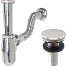 Sifão Copo Cromado Metal 7/8 Ajustável E Valvula Click Inox 30mm Kit Pia Lavatório Cuba Banheiro Sifão Aparente Tubo De Saída Adaptável