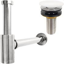 Sifão Copo Cromado Metal e Valvula Click ⅞ Inox Tampa Cerâmica Kit Banheiro Ralo de Pia 30mm Sifão Quadrado De Parede Luxo