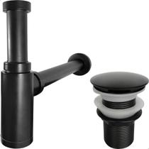 Sifão Copo e Valvula Click 1 ¼ Inox Preto Fosco Kit Banheiro Luxo Ralo de Pia 40mm Sifao Quadrado De Parede Aço Inox 304 Black