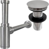 Sifão Copo e Valvula Click ⅞ Inox Escovado Kit Banheiro Luxo Ralo de Pia e Sifao Quadrado De Parede Aço Inox 304 Fosco Valvula Lavatorio 30mm