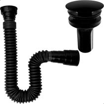 Sifão De Pia Flexivel Preto E Válvula Click 7/8 Preta Inox Ralo De Pia Cuba Banheiro Lavatório Escoamento 30mm Sifao De Plástico Sanfonado