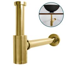 Sifão Dourado Copo Metal 7/8 Lavatorio Pia Cuba Banheiro Luxo Sifão Com Copo Reto Gold Brilhoso Parede Lavabo Linha Premium