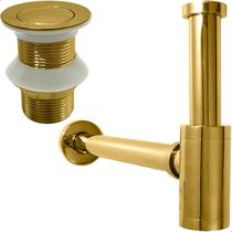 Sifão Dourado Copo Quadrado Metal E Válvula Click 1 ¼ Ralo Pia Cuba Suspensa Aparente Kit Escoamento 40mm Lavatório Banheiro