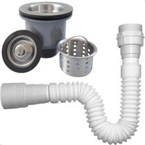 Sifao Universal Sanfonado Flexível e Valvula Higienica 3 1/2 Inox Com Cesto Kit Instalação Cozinha Ralo Pia Escoamento Cuba Tubo Extensível Ajustavel