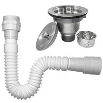 Sifao Universal Sanfonado Flexível e Valvula Higienica 4 1/2 Inox Ralo Pia Com Cesto Escoamento Cuba Tubo Extensível Aju