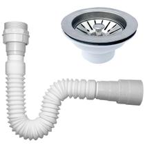 Sifao Universal Sanfonado Flexível e Valvula Higienica 4 1/2 Inox Ralo Pia Com Cesto Escoamento Cuba Tubo Extensível Ajustavel Kit Instalação Cozinha