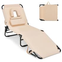 Silla de Bronceado GYMAX Tumbona de Playa 160 kg con Orificio para la Cara y Almohada