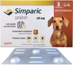 Simparic 5 a 10 kg 20mg 3 Comprimidos Mastigáveis Palatáveis Pulgas Carrapatos Sarnas