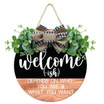 Sinal de boas-vindas para decoração de porta CHIJIRE Grinaldas de madeira redondas de 30 cm