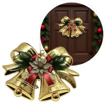 Sino Duplo Dourado Decorado com Laço e Flor Bico de Papagaio Glitter 28cm x 20cm Enfeite Natalino com Cordão para Pend Sino Duplo Dourado Decorado com Laço e Flor Bico de Papagaio Glitter 28cm x 20cm Enfeite Natalino com Cordão para Pend