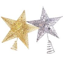 SIROGOGO 2 Pacote Árvore de Natal Estrela Topper, Ouro e Prata Glittered Metal Brilho Brilho Brilho Estrela Enfeite Decoração de árvore fit para árvore de Natal tamanho geral - 6 polegadas