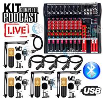Sistema Podcast Kit Profissional Mesa de Som 08 Canais BT + 4 Microfones Condensador - PRO