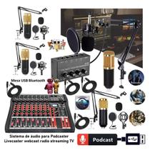 Sistema Setup Bancada Podcaster Com 4 Microfone Acessórios Braço Articulado de Mesa