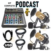Sistema Setup Podcaster Interface USB Com 2 Microfones Condensador Studio