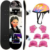 Skate Board Feminino Completo Kit Proteção Com Capacete Menina