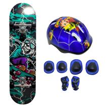 Skate Infantil Cachorro 50 Kg + Kit Proteção Completo Desenho Azul