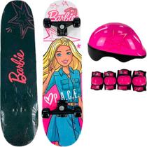 Skate Infantil Fun com Acessórios de Segurança - Barbie Branco/Rosa