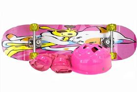 Skate Infantil Iniciante + Kit de Proteção Rosa Gato Fênix
