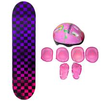 Skate Infantil Radical Xadrez + Kit Proteção Desenho Rosa