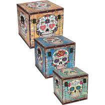 Skull caixa organizadora mdf color 3pç bau