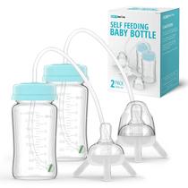 Skywin 2 Pack Self Feeding Baby Bottle, Mamadeira para Bebê, Mamadeira com Palha, Anti Cólica, para Alimentação Conveniente (Verde)